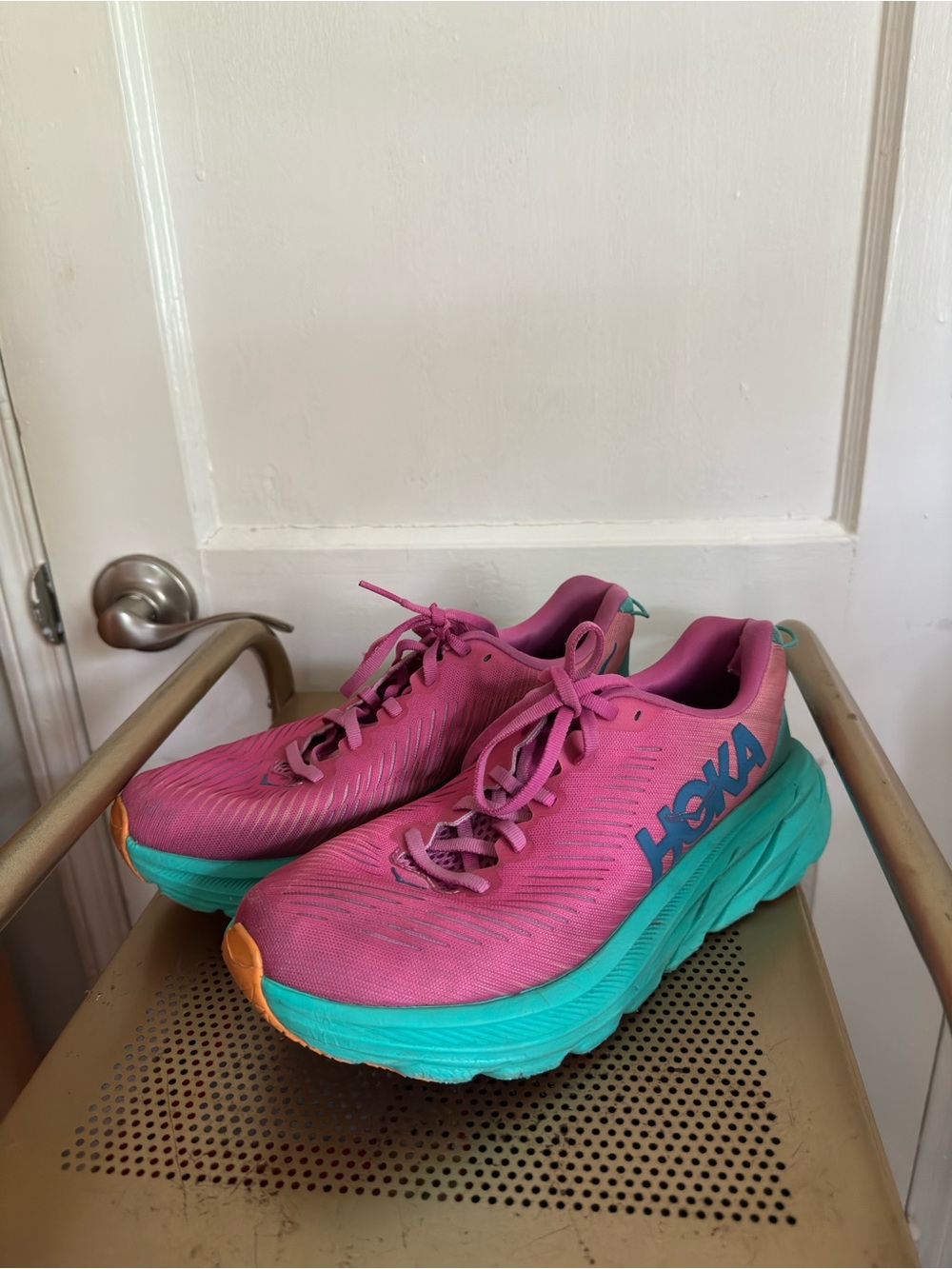 Hoka Pink Running Shoes with Teal Platforms
